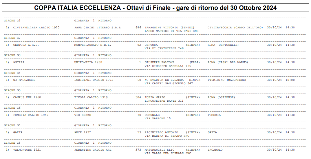 Coppa Italia Eccellenza ottavi di finale